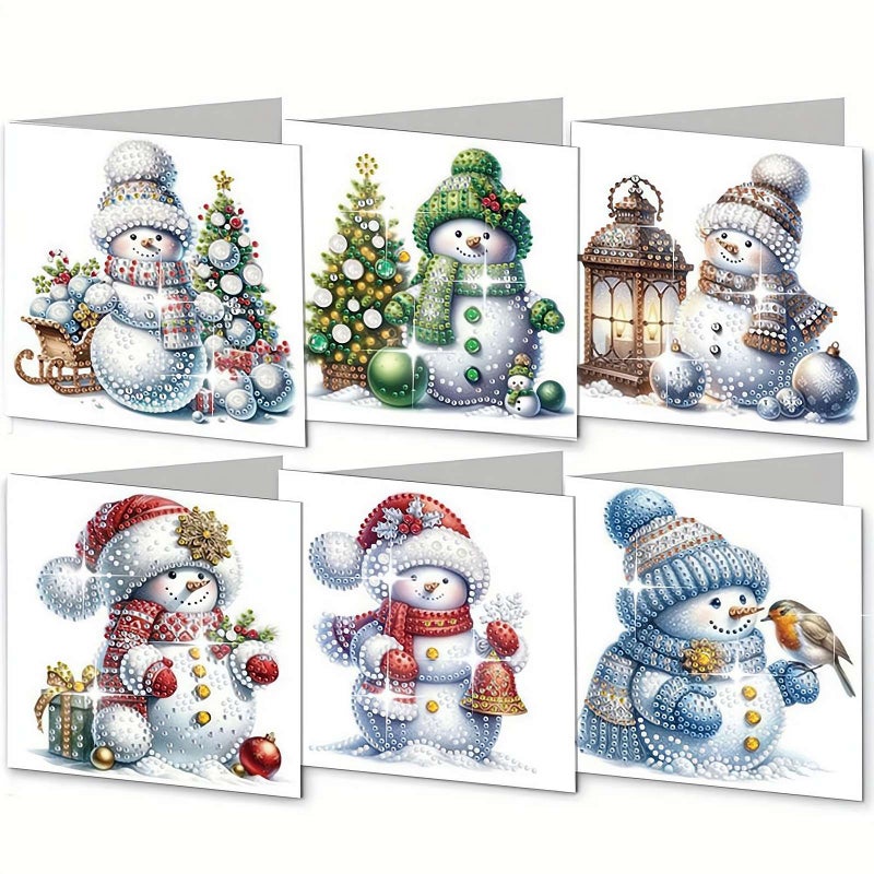 6 Pcs Diamond Art Christmas Greeting Card Set - Handmade DIY Creative Gift for Family & Friends, Relaxing Craft Kit  (Snowman) - Image 1